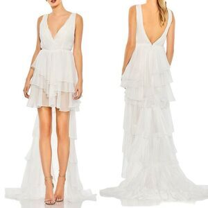 NWT Mac Duggal White High Low Tiered Gown with Built-In Bodysuit. Size 0